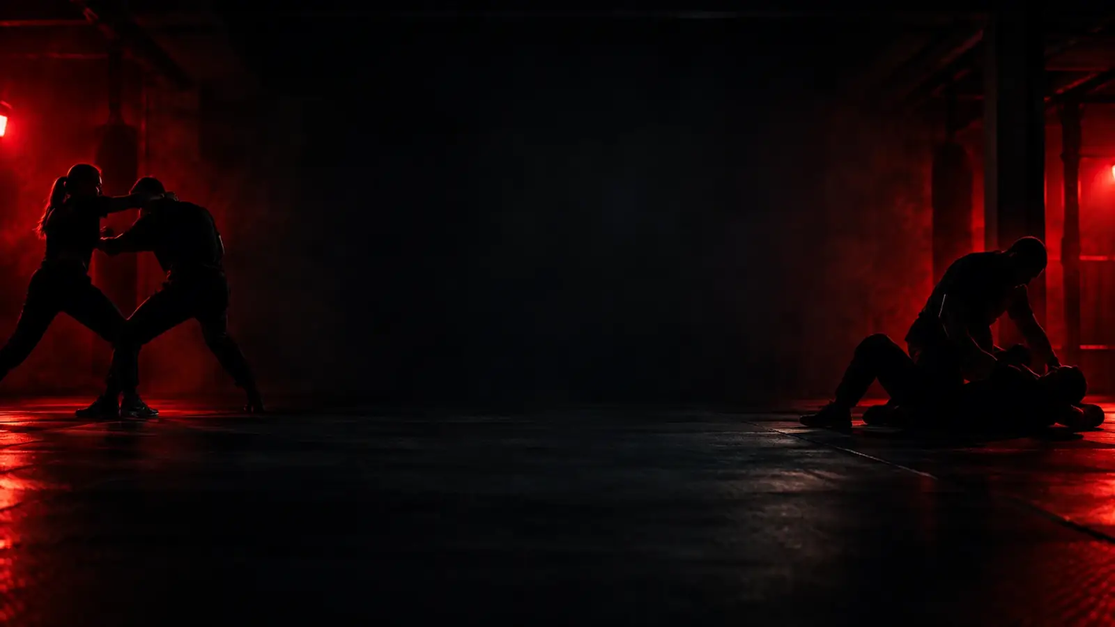 Karanlık bir krav maga salonunda partnerle boğuşma ve yer teknikleri çalışan antrenman siluetleri